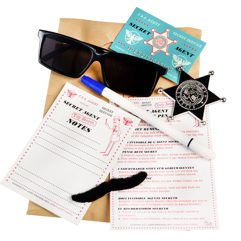 top secret agent spy kit glasses badge, id card notes and invisible ink pen